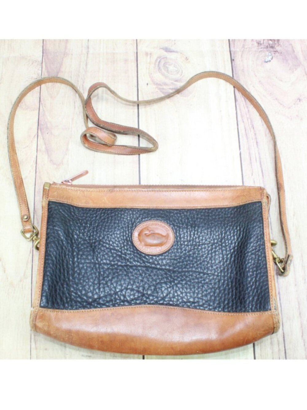 Vintage Dooney & Bourke All Weather Leather Purse Pebbled Black Tan Long Strap